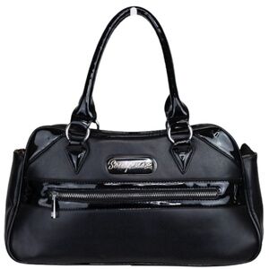 Sourpuss Black Patent Rockabilly Handbag with Leopard Lining